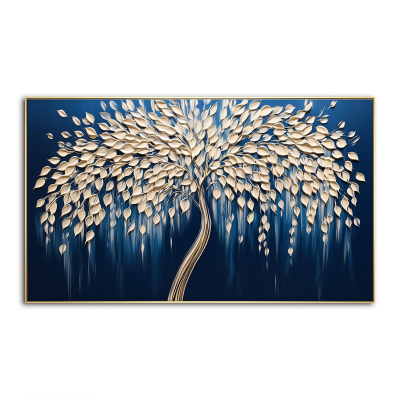 Tree of Light-Modern 3D Textured Tree Wall Art - Handmade Golden Decor on Deep Blue - Home Decor