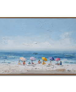 Coastal Beach Umbrella Wall Art – Textured Ocean Scene Canvas Painting