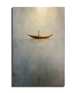 Solitude Voyage: Contemporary Minimalist Wall Art - Neutral Brown & Grey with Gold Boat
